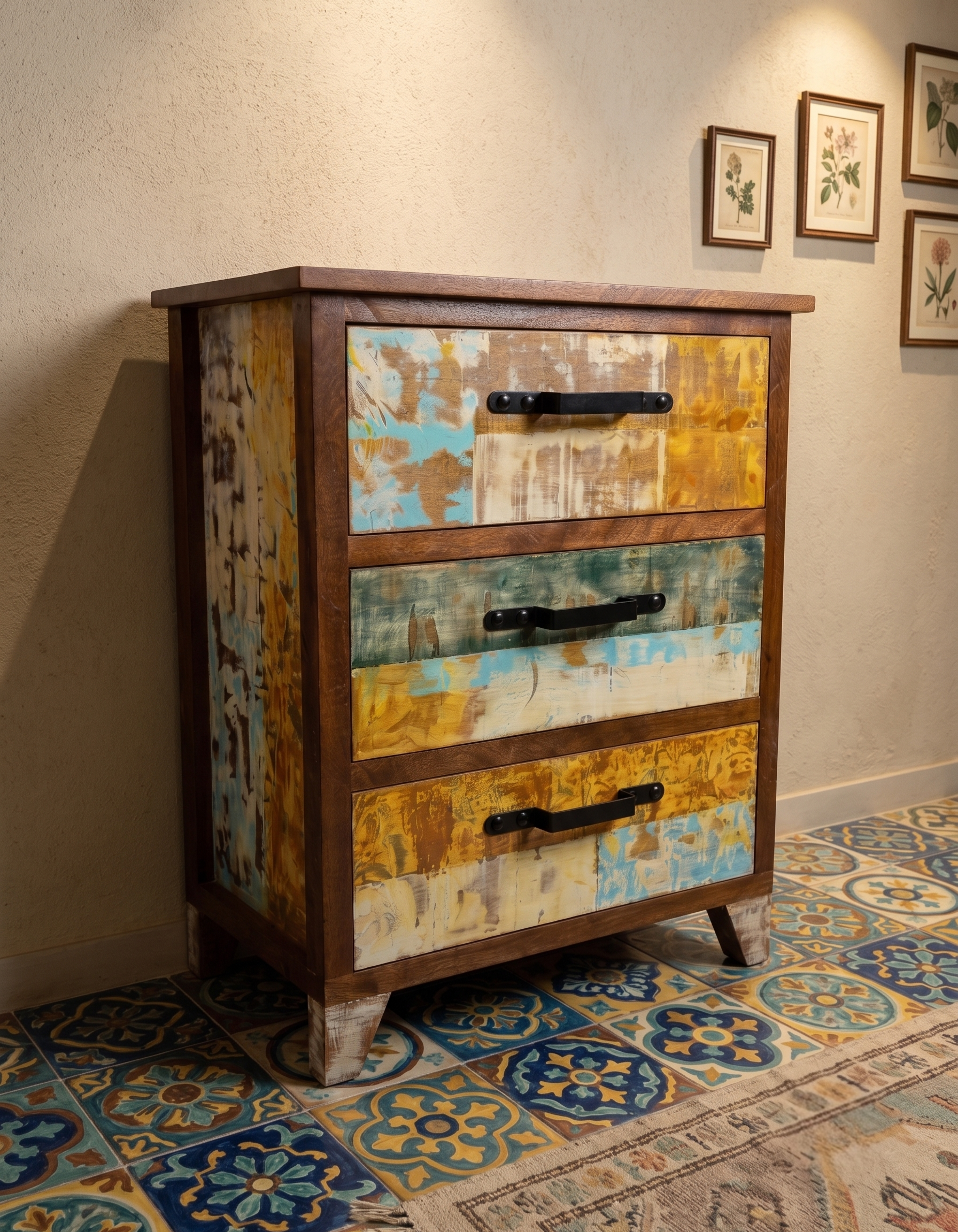 The Reverie — hand-painted reclaimed wood dresser with black iron handles